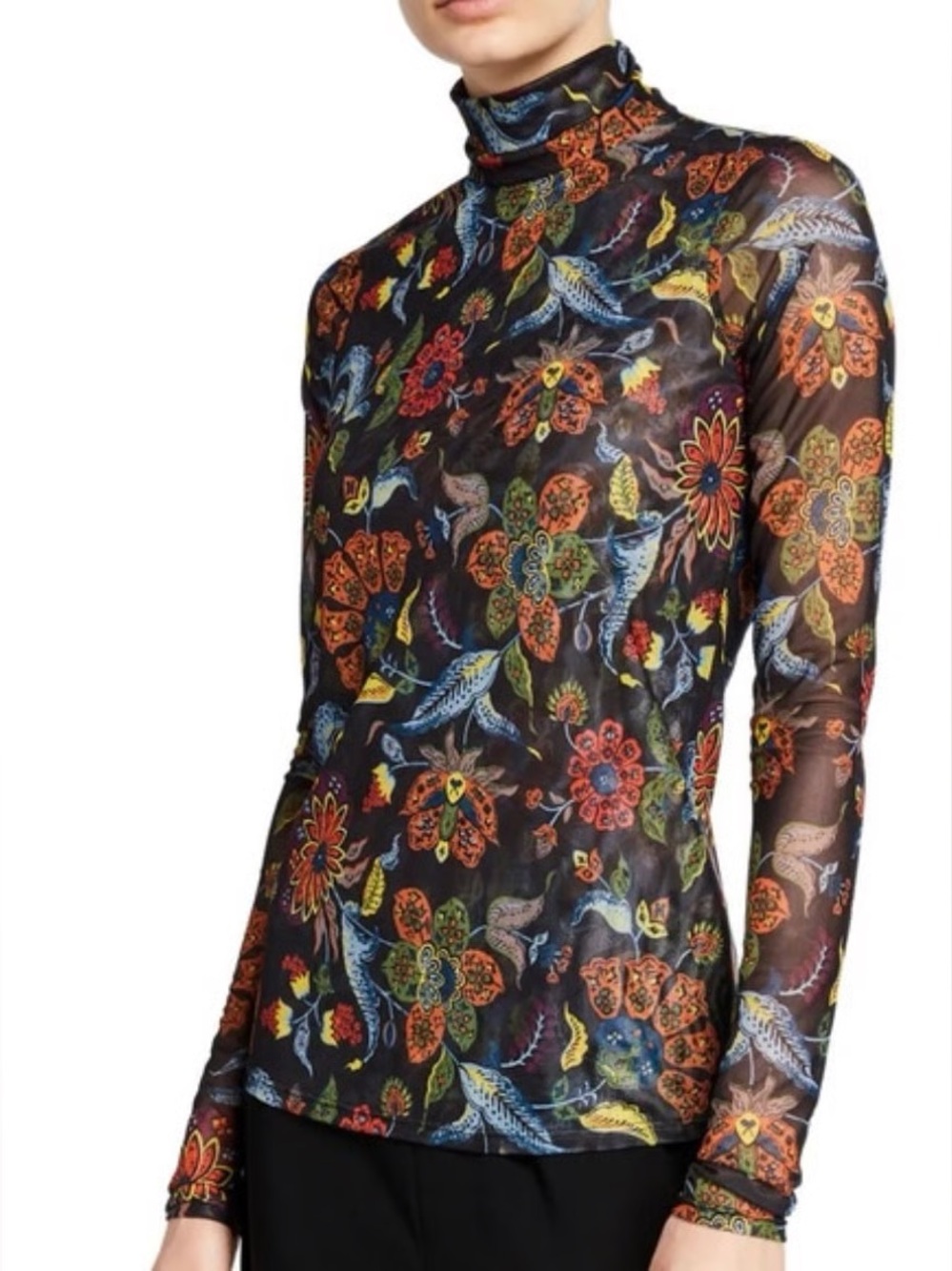 Cinq a Sept Floral Sheer Black Paisley Mock Neck Mesh Top